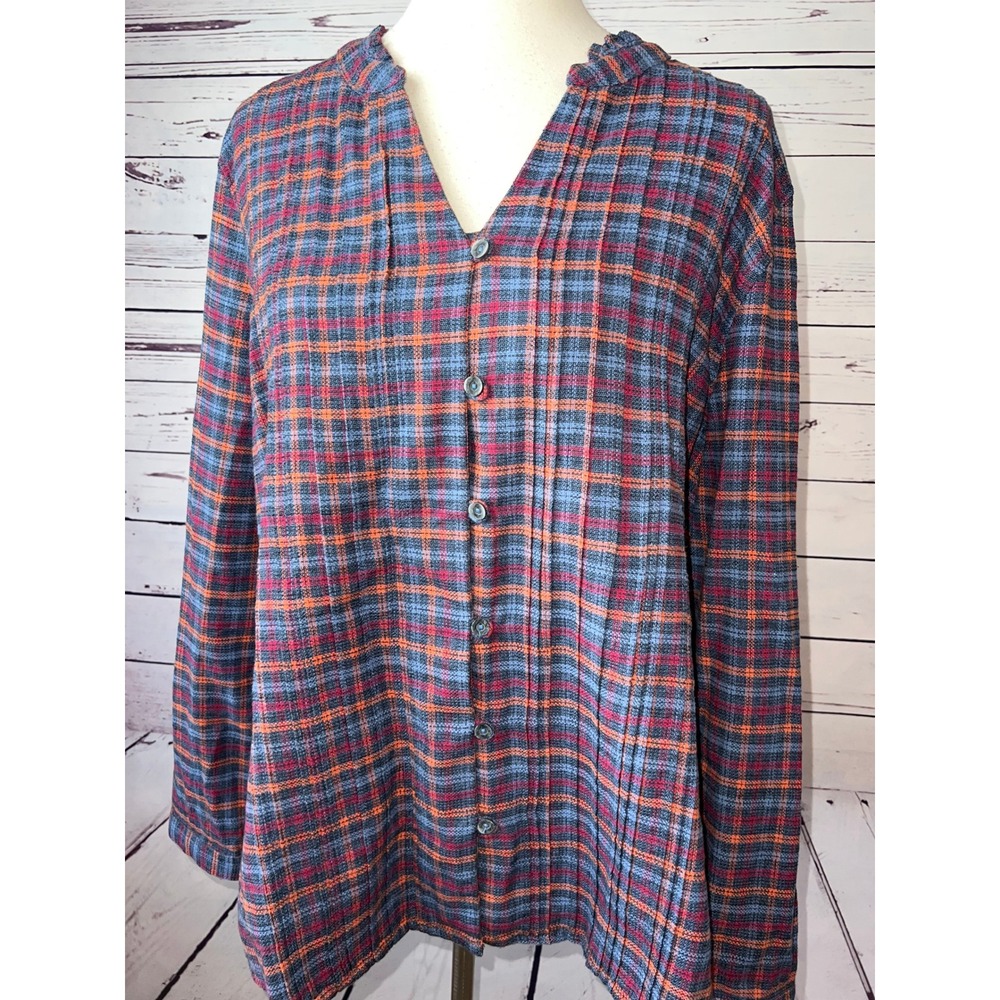 Carbon2Cobalt Plaid Button Down Blouse XL Gauzy Ruffle Pintuck Womens Top Shirt